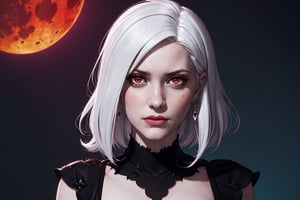 salem \(rwby\), 1girl, white hair, white skin, pale skin, cracked skin, red eyes, black dress, solo, detailed face, looking at viewer, cowboy shot, upper body, red moon, castlevenia, corruption, blood, (masterpiece:1.2, best quality)
 