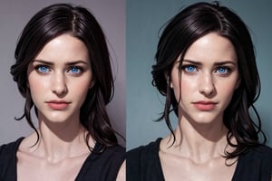 (photorealistic:1.5), realistic skin, black dress, perfect face, detailed pupil, blue eyes, half body, small chest, solo, standing