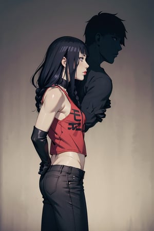  hands on the back , crop tank, anime style, black gloves, closed mouth,  wjeans pants, mouth:1.0, red lips, pale skin, realistic skin,  dress, detailed pupil,  , black haired:1.5, solo, standing,Detailedface,meidef,meimeidef, long hair, braid,purple eyes, single braid, braided bangs, hair over one eye,ink,hinata(boruto)