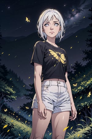  , incandescent illumination, croped tshirt, anime style,  forest background, closed mouth, white short shorts, pale skin, detailed pupil,  , white haired:1.5, solo, standing,short hairdragon ball,potcoll,dragon ball,hinata(boruto),realbrosnahan,fantasy00d,EpicArt,firefliesfireflies,night sky
