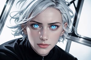 (photorealistic:1.5), closed mouth, realistic skin, black dress, short hair, perfect face, detailed pupil, blue eye:1.5, glowing eye:0.5,bright eye:1.5, half body, white haired, solo, standing,Detailedface,satoru gojo,white hair,blue eyes,short hair