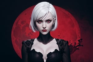 salem \(rwby\), 1girl, white hair, white skin, pale skin, cracked skin, red eyes, black dress, solo, detailed face, looking at viewer, cowboy shot, upper body, red moon, castlevenia, corruption, blood, (masterpiece:1.2, best quality)
 