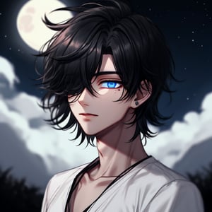 boy, Perfect anatomy, masterpiece, top quality, extrem, perfecteyes, deep blue eyes, black hair, portrait, shirt, night, moon, one mole, hair covering one eye, short hair, moddern