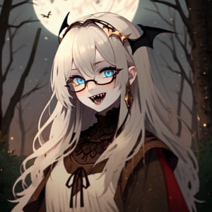 girl, vampire, fantasy .Perfect anatomy, (masterpiece, top quality, extreme), perfecteyes, blueeyes , long gold hair, light skin, ,perfecteyes, forest, beutiful, long white dress, medieval, fangs, night, fullmoon, portrait, glases