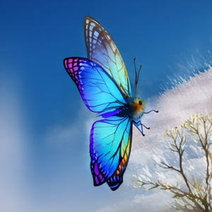 one butterfly, white, blue, watercolor, outside,