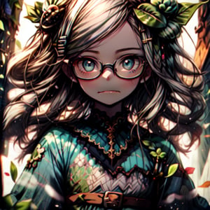 A ghost, stiched sewn eyes, stiched sewn mouth, white hair, girl dressed in a blue dress, fantasy world. Perfect anatomy, (masterpiece, top quality, extreme), perfecteyes, glasses, four leaf clover clip,