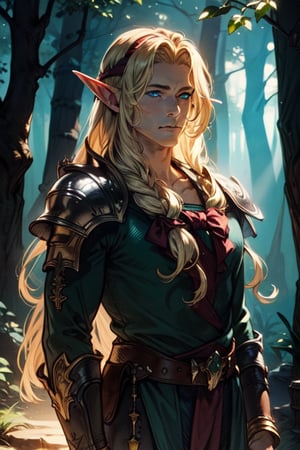 boy, elf, fantasy, fantasy world. Perfect anatomy, (masterpiece, top quality, extreme), perfecteyes, blueeyes , long  blond hair, light skin, elf_ears, bow and arows ,perfecteyes, forest.