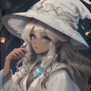 Girl, white witch, fantasy .Perfect anatomy, (masterpiece, top quality, extreme), perfecteyes, ice blue eyes, whote hair, brown skin, perfecteyes, cottige, beutiful, white robe, white whitch hat, night, moon, portrait, tan skin.