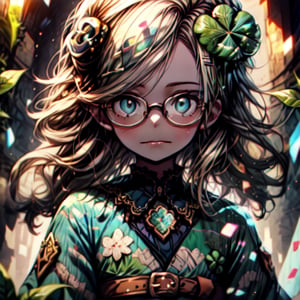 A ghost, stiched sewn eyes, stiched sewn mouth, white hair, girl dressed in a blue dress, fantasy world. Perfect anatomy, (masterpiece, top quality, extreme), perfecteyes, glasses, four leaf clover clip,