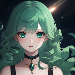 girl, siren, fantasy .Perfect anatomy, (masterpiece, top quality, extreme), perfecteyes, mertal green eyes, midnight green hair, portrait,  long curly hair, night, undersea, girl, space cardet shelbra, feminin, byzantium scails.