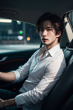 photorealistic, masterpiece, best quality, raw photo, 1man, detailed eyes and face, white shirt, dynamic lighting, in the dark, deep shadow, Handsome, Sexy. Aggressive Face, ih the Car, Motion under attack