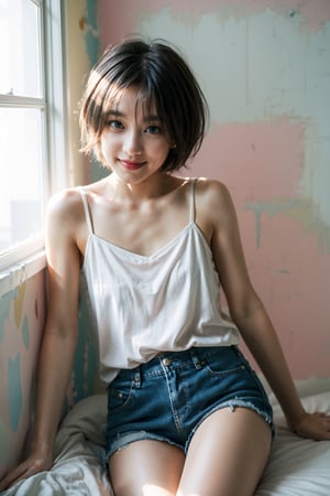 masterpiece, best-quality, photorealistic, raw photo,

1girl, 20 years old beautiful Japanese girl, pixie_haircut, white camisole, denim shorts, Detailedface,Detailedeyes

sitting on her bed, looking at viewer, cute smile,

(pink bedroom:1.4), (unpainted wall:1.6), intricately detail, (messy bedroom:1.6), (chaos:1.6)

film grain, HD, 8k, volumetric lighting, sun rays through window, window light, hair backlight, ear backlight, particle fx, mist, haze debris