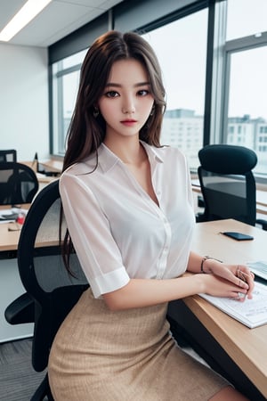 photo of top model 18 years old, extremely high quality RAW photograph, office dress, detailed background, intricate, Exquisite, details and textures, highly detailed, ultra detailed photograph, dark lighting, 4k, sharp focus, high resolution, detailed skin, detailed eyes, 8k uhd, dslr, high quality, film grain, Fujifilm XT3