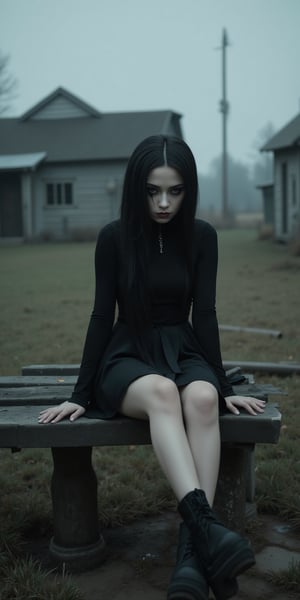 In an old, rural village, a young gothic girl with long black hair and intense, dark gothic makeup sits on a weathered bench. She wears a short black gothic dress, her legs open as she gazes down at the ground with a somber expression. The atmosphere is gray and ominous, with overcast skies casting a bleak light over the scene.