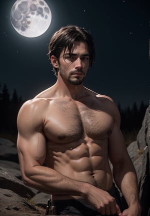 Dark medium hair,  french goatee,  adventurer ready to sleep in the nature at night,  white light of the moon background,  4k,  cinematic