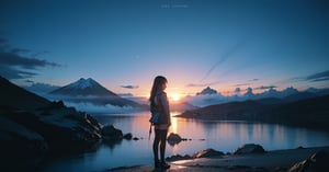 Dark-fantasy landscape, mountains with a view on the sea, trending in art station, 4K, blue black tints, cyberpunk girl in a lake on an abandoned volcanic planet, cinematic trailer, imax, 8k, high resolution