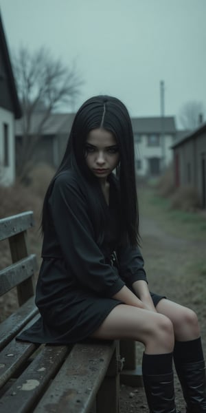 In an old, rural village, a young gothic girl with long black hair and intense, dark gothic makeup sits on a weathered bench. She wears a short black gothic dress, her legs open as she gazes down at the ground with a somber expression. The atmosphere is gray and ominous, with overcast skies casting a bleak light over the scene.