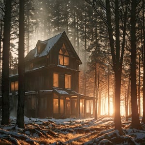 abandonned house in the woods, foggy sunset, photorealistic, cinematic lighting, back lighting, horror atmosphere, intricate high detail, dramatic, very dark lighting, heavy shadows, detailed, (vibrant, photo realistic, realistic, dramatic, dark, sharp focus) ((film grain, high detailed skin texture, 8k hdr, dslr) , snowing