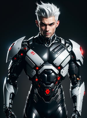 1male, nijistyle, 30 years old, full body of cyborg male, handsome face, beautiful detailed eyes, 8k, cybernetic jaw, mechanical parts, white shirt, unbottoned, black latex skirt, metal skin, red eyes, cables, wires, White hair, simple background, bulge,arshadArt