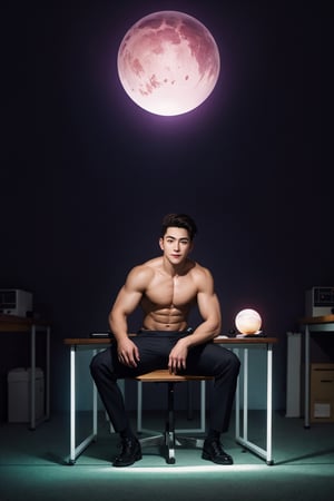<image>In this bizarre and otherworldly scene, (a strikingly hansome and  male sitting confidently), (sitting), ((nude)), (muscle body),(sweet smile), (he perfect form clad in an underwear), (he is flanked by two gleaming rifles),  (framing he delicate features). (The background is a adorable-looking bedroom), (with rows of empty desks stretching into the distance). (The air is thick with an eerie violet glow), (casting an otherworldly hue over the scene). (A pile of strange, glowing orbs lies scattered nearby), (as if they were recently shot out of the air). (The young male eyes are fixed on something unseen), (he expression a mixture of determination and focus). (Sci-fi themes abound, adding to the surreal and enchanting atmosphere of the image), (otherworldly), (male), (shooting), (guns), (rifles ),(bedroom), (futuristic), (desk), (alien), (alien technology), (glow), (orbs), ( glowing), (determination), (focus), (accomplishment), (badge), (armor), (shiny), (polished),Science fiction ,Add more detail, (muscle)