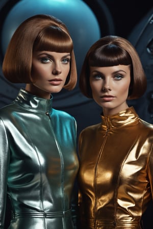 (ultra realistic photograph:1.3) portrait, (matte skin texture:1.2) (realistic skin texture:1.3) 3girls (8k, RAW photo, best quality, ultra high res, photorealistic, masterpiece, ultra-detailed, Unreal Engine), Martin Quiin production, 60's retro futuristic spacepunk movie. Scene with 3girls wearing shiny metalized fabric suits, exploring a 60's prop painted background scene alien planet,. (Cinemascope:1.4) ((technicolor:1.4)) ((60's fashion hairstyles:1.4))Movie Stil