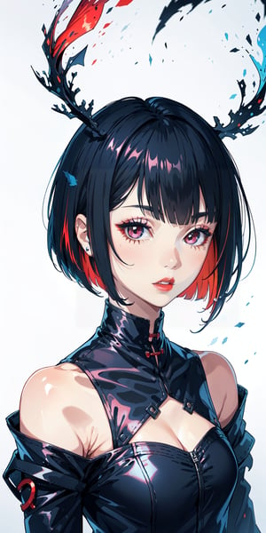 1 teen girl,solo, upper body,looking at viewer, white background, bob cut, short hair, multicolored hair, makeup , parted lips, red lips, eyeliner, ,walkure /(takt op./)