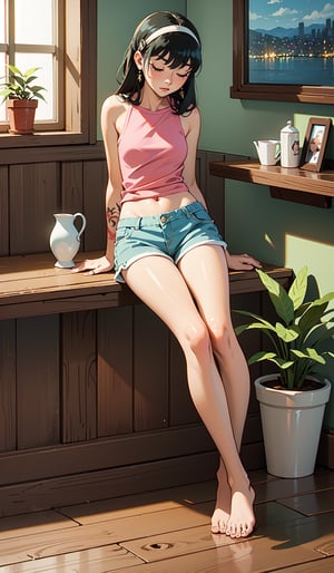 sleeping shorts, drawing, painting on paper, inks, ink pots, shelf((Masterpiece)), (Best Quality), Barefoot, Art, Highly Detailed, Extremely Detailed CG Unity 8k Wallpaper, (Curves: 0.8), (Full Body: 0.6), 3DMM, (Masterpiece, Best Quality) , black hair, long hair, tanned skin, tan skin, dark eyes, sitting, white sleeveless shirt, no bra, barefoot, tattoos, tattoo on the arm, sitting, tattooing a person, tattoo studio, white walls, lights pink neon, neon lights, pink lights, wooden shelf, pots, plants, decorative plants, window, window, city view, tattoo chair, tattoo artist, tattoo girl,PT,anime