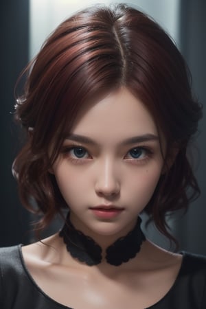 master piece, best quality, 1 girl, (colorful), (finely detailed beautiful eyes hyper and detailed face), cinematic, cinematic lighting, bust shot, extremely detailed CG unity 8K wallpaper, realistic cute anime girl in sexy black dress, full body, red hair, detailed face, made up face, pretty, petite, proportioned face, large eyes, hires, octane render, highly detailed, unreal engine