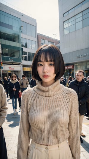 (Candid photography:1.3) photo of a beautiful woman, (long hime cut hairstype:1.3), (short hair:1.3), dressed in a beige cowl neck sweater, long pants, cowl neck sweater, walking in the center of the city, upper body, soft diffused lighting, eye level, shot on Aaton LTR with technicolor, (in style of Tyler Shields:1.2)