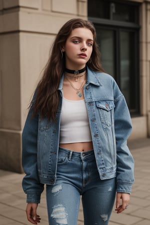 photography of a 20yo woman, masterpiece, open_track_jacket, choker
,photorealistic,analog,realism, whole body with blue tattered jeans