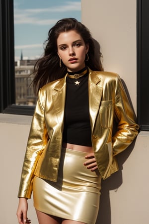 photography of a 20yo woman, masterpiece, gold jacket, choker
,photorealistic,analog,realism, whole body with pencil skirt with slit on left leg