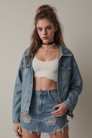 photography of a 20yo woman, masterpiece, denim jacket with inner nickĕ crop top color white, choker
,photorealistic,analog,realism, whole body with denim tattered skirt 