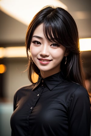 Beautiful korean kpop idol women, quality, masterpiece, (photorealistic:1.4), 1girl, light smile, black hair, black shirt with collars, waist up, cinematic lighting, from below