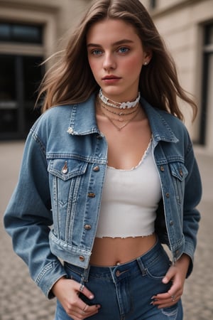 photography of a 20yo woman, masterpiece, denim jacket with inner nickĕ crop top color white, choker
,photorealistic,analog,realism, whole body with blue tattered jeans