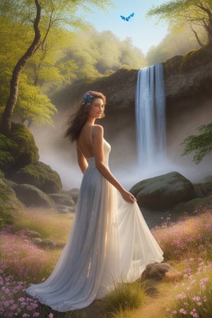 An ethereal girl standing at the edge of a mystical waterfall, her long silver gown billowing in the wind, surrounded by an enchanted forest filled with vibrant flowers, sparkling butterflies, and gentle woodland creatures, the air filled with an otherworldly glow, evoking a sense of magic and wonder, Painting, watercolor on textured paper, --ar 9:16 --v 5