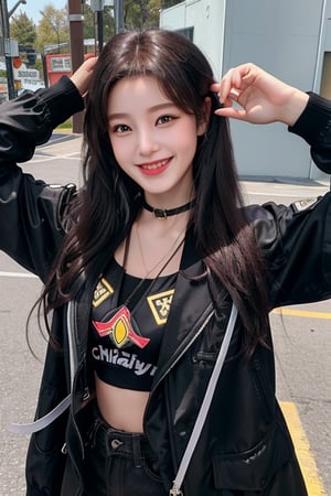 photography of a 20yo woman, masterpiece, black jacket, choker
,photorealistic,analog,realism, A radiant girl beaming with a genuine smile, spreading joy and positivity wherever she go