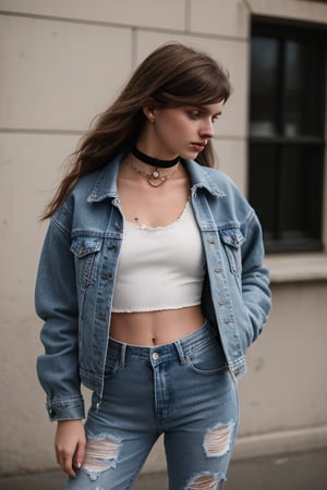 photography of a 20yo woman, masterpiece, denim jacket with inner nickĕ crop top color white, choker
,photorealistic,analog,realism, whole body with blue tattered jeans