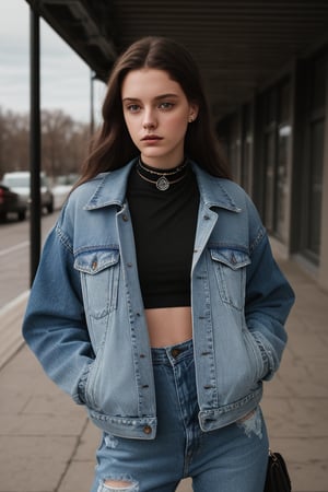 photography of a 20yo woman, masterpiece, open_track_jacket, choker
,photorealistic,analog,realism, whole body with blue tattered jeans