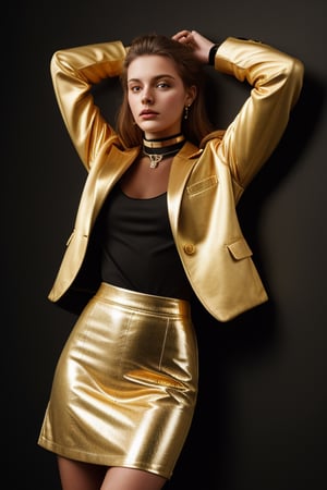 photography of a 20yo woman, masterpiece, gold jacket, choker
,photorealistic,analog,realism, whole body with pencil skirt with slit on left leg