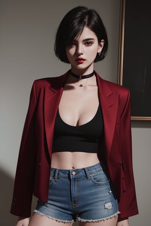 photography of a 20yo woman, masterpiece, black short hair, RED crop top with blazer star choker, daisydukes
,photorealistic,analog,realism, A confident woman exuding empowerment and strength, inspiring those around her.