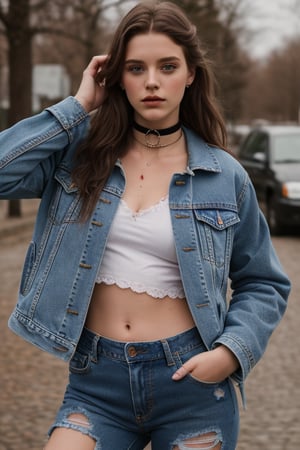 photography of a 20yo woman, masterpiece, red jacket, choker
,photorealistic,analog,realism, whole body with blue tattered jeans