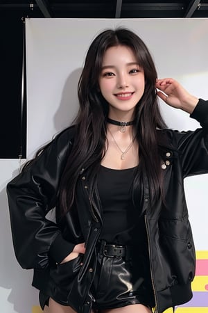 photography of a 20yo woman, masterpiece, black jacket, choker
,photorealistic,analog,realism, A radiant girl beaming with a genuine smile, spreading joy and positivity wherever she goes.