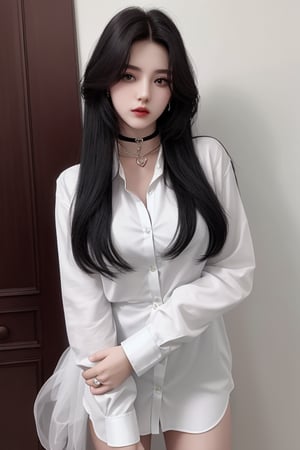 photography of a 20yo woman, masterpiece,  dress_shirt, heart choker,hair_style,  whole body with COMPLETE HAND FORMATION
,photorealistic,analog,realism, A ambitious woman setting her goals high and fearlessly pursuing her dreams.