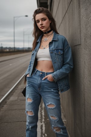 photography of a 20yo woman, masterpiece, open_track_jacket, choker
,photorealistic,analog,realism, whole body with blue tattered jeans