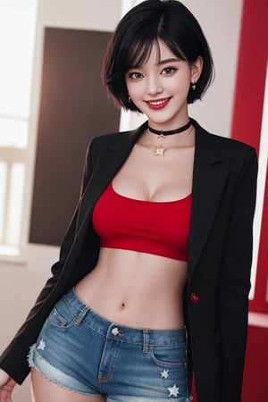 photography of a 20yo woman, masterpiece, black short hair, RED crop top with blazer star choker, daisydukes
,photorealistic,analog,realism, A radiant girl beaming with a genuine smile, spreading joy and positivity wherever she go,