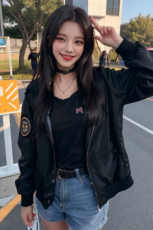 photography of a 20yo woman, masterpiece, black jacket, choker
,photorealistic,analog,realism, A radiant girl beaming with a genuine smile, spreading joy and positivity wherever she goes.