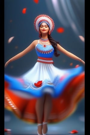  Indian girl in blue, red, white and orange bonnet in full bloom, petals are dancing in the wind, petals gradually transform into a woman dancing in the air and woman's dress, close up, a fantabulous sight, bokeh, hyper realistic HD, 3D, photorealistic,