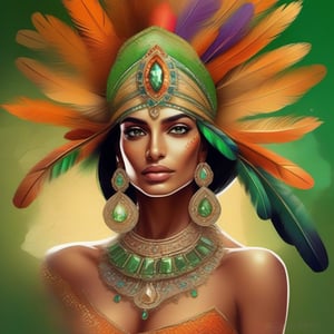 digital illustration of a fashionably dressed Indian wearing an ornate hat adorned with colorful feathers and  gems, the background has a cracked, abstract textures with shades of orange and green, creating a sunlit effect behind her. The woman has striking green eyes, full lips, adorned with intricate jewelry and detailed, stylized dress, the image is in 3D, hyper detailed, 16K, super sharp
