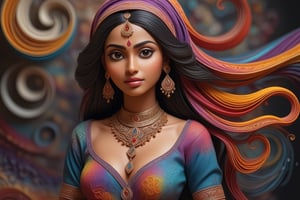 Fractal desing, paper layering and quilling techniques, beautiful south indian fair skin woman, coverred in Muslim clothes and tranformed into flowing streams of batik and colorful shapes, antomical correct, hyperdetailed, hyperrealistic, hdr, 3d, sharp, HDR, one third figure,<lora:659095807385103906:1.0>