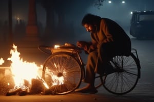 close up full length view of a rickshaw puller lighting fire to keep himself warm under a flyover in a cold winter night in Delhi,clearly defined eyes ,nose and lips ,in the background some cycle rickshaws and stray dogs , 4k, photorealistic, HD
